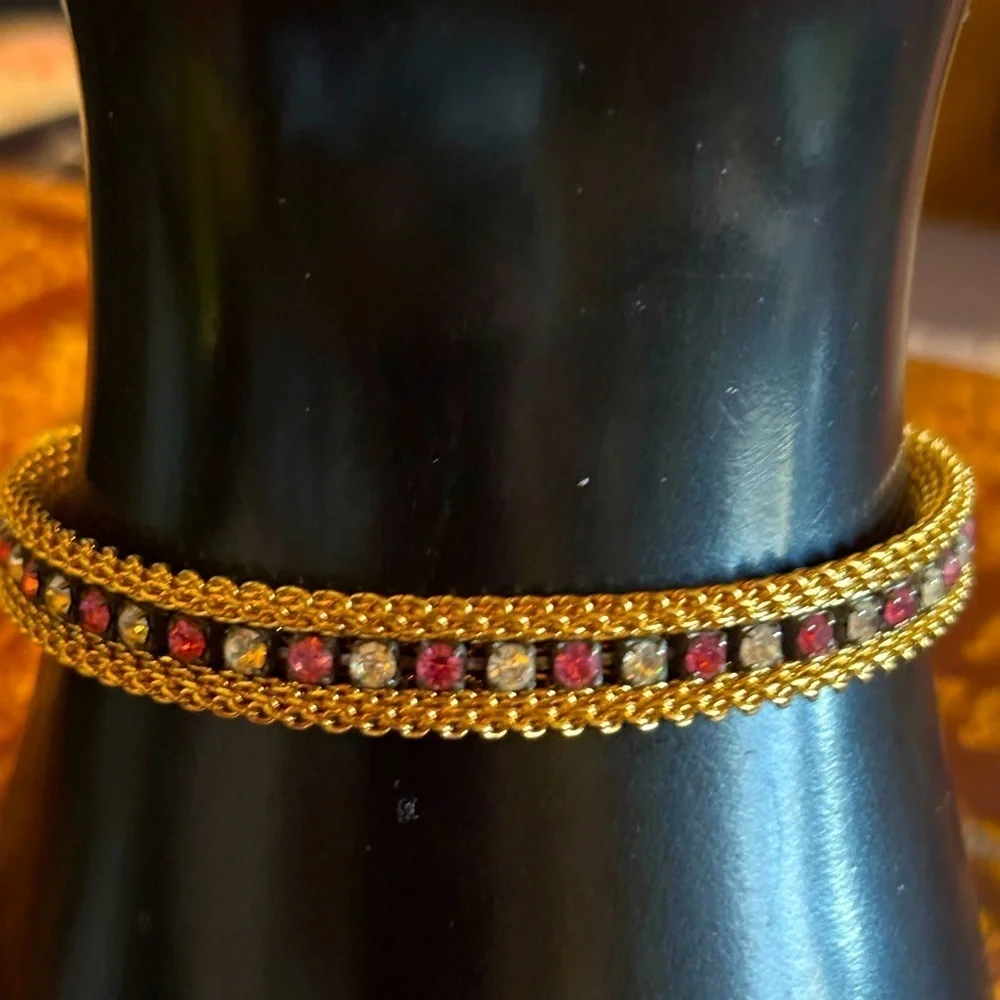 Vintage Goldtone Rope Chain Red Clear Rhinestone Bracelet 6”